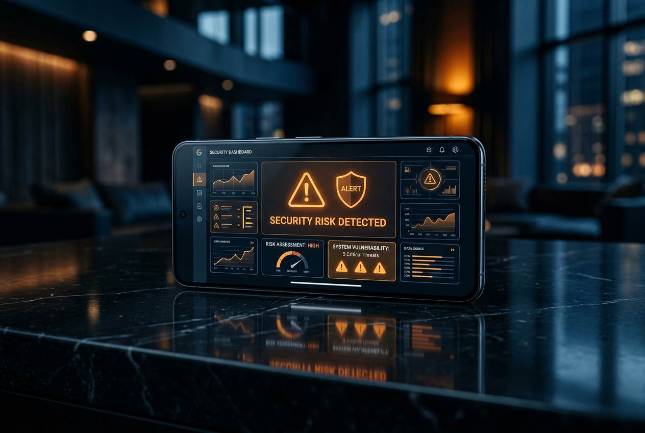 A stylized warning concept with neon indicators on a dark smartphone screen.